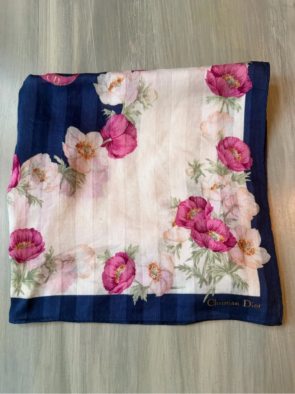 Christian Dior Scarf Blue & White stripes, Floral & Vibrant Pink CD Ribbon
